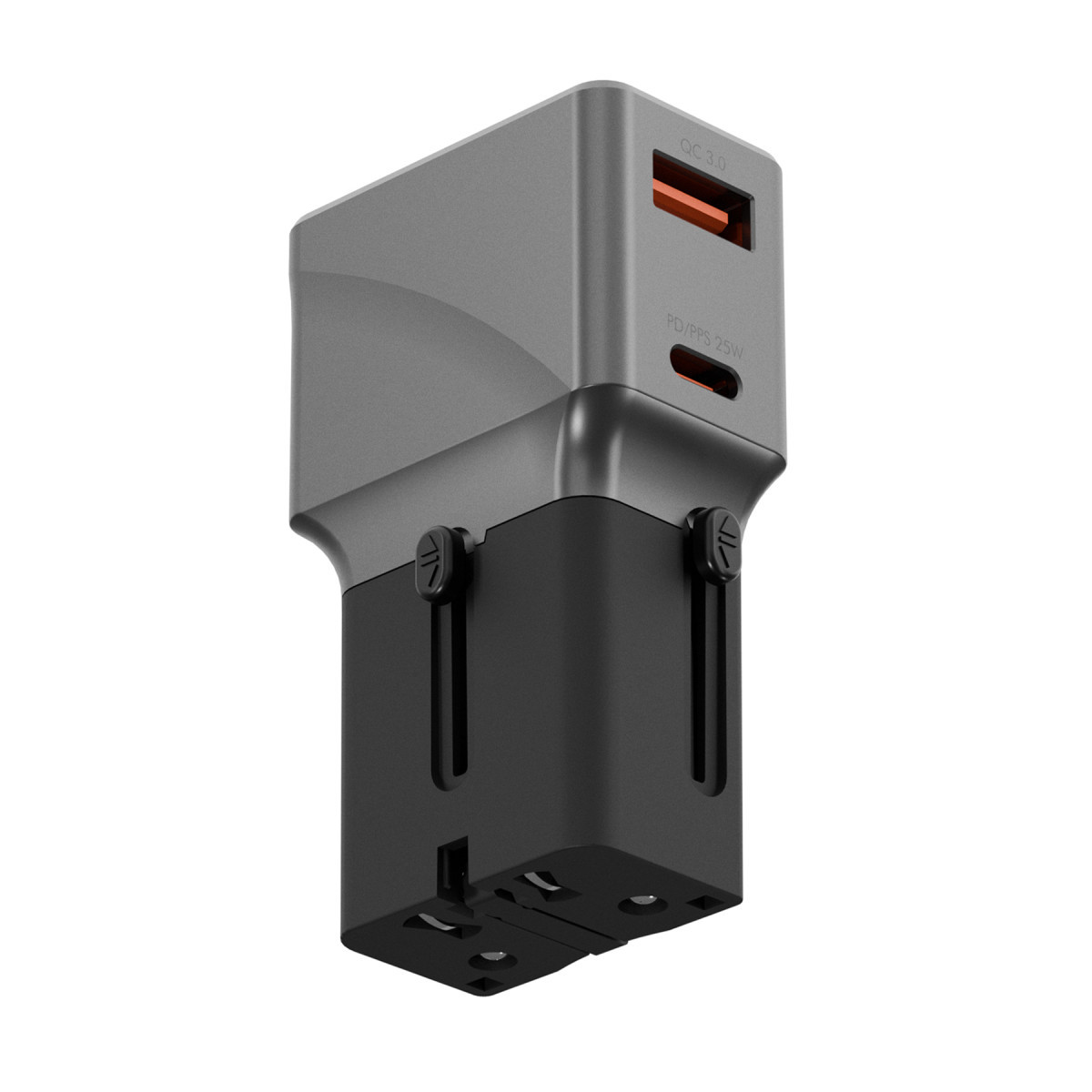 Energea TravelWorld Universal 1 Adet 25W Type-C ve 1 Adet 18W USB 3.0 Çıkışlı Hızlı Şarj Aleti - Koyu Gri