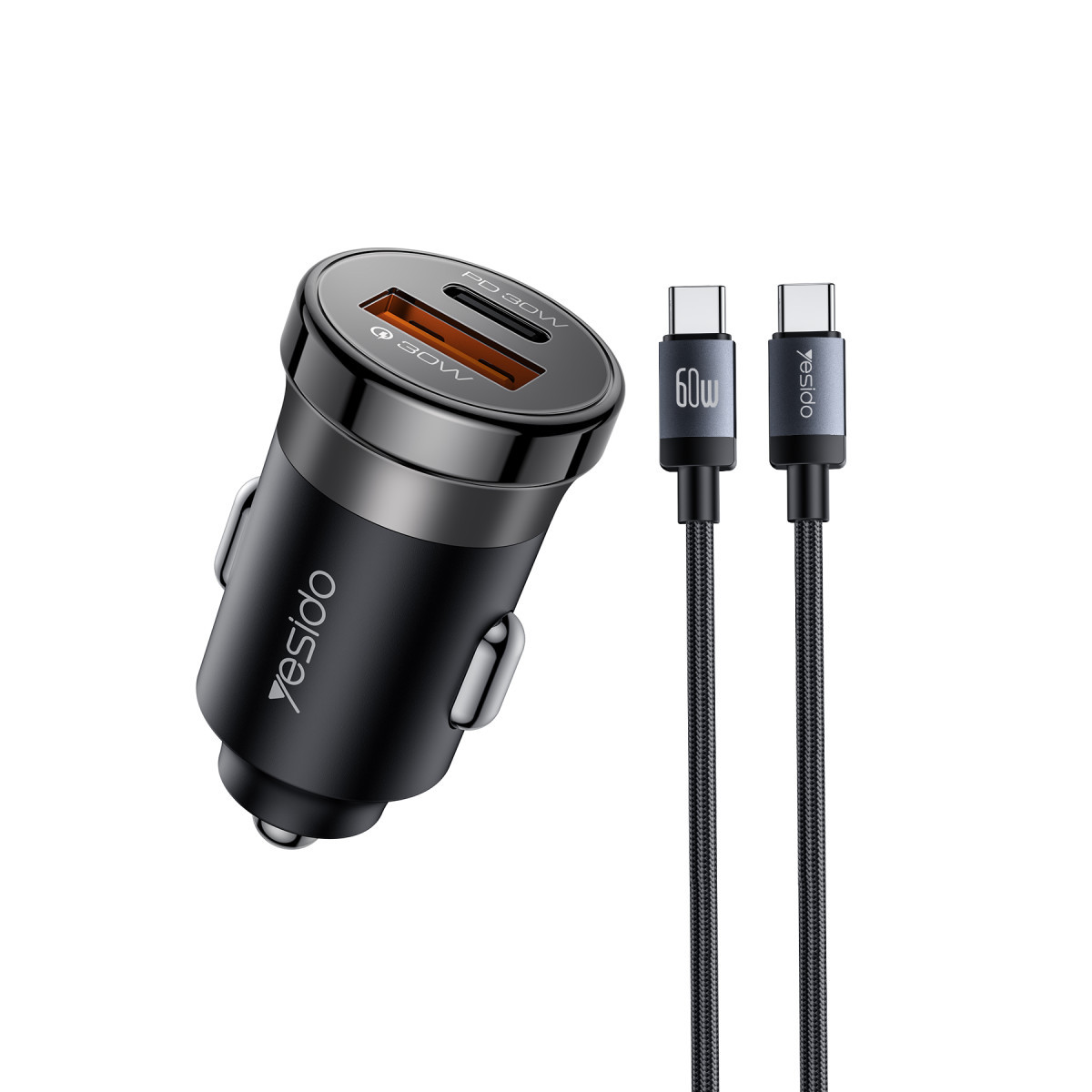 esido-y72-30w-type-c-ve-30w-usb-cikisli-type-c-type-c-kablolu-hizli-arac-sarj-aleti-siyah-web Yesido Y72 1 Adet 30W Type C ve 1 Adet 30W USB Çıkışlı PD Hızlı Araç Şarj Cihazı - Siyah - Görsel 1