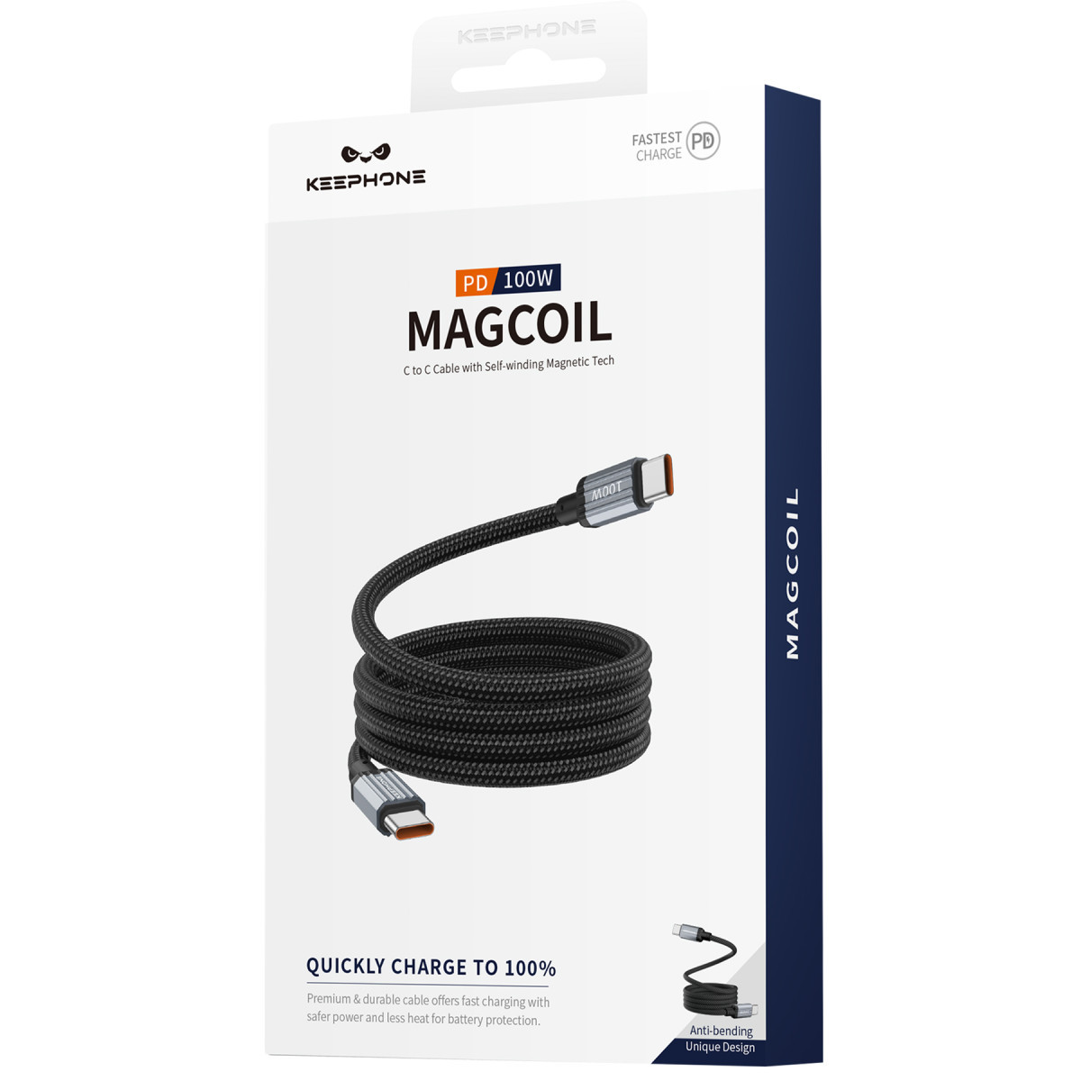 Keephone Magcoil 1M 100W Örgülü Type-C to Type-C Mıknatıslı PD Hızlı Şarj Data Kablosu – Siyah görseli 5