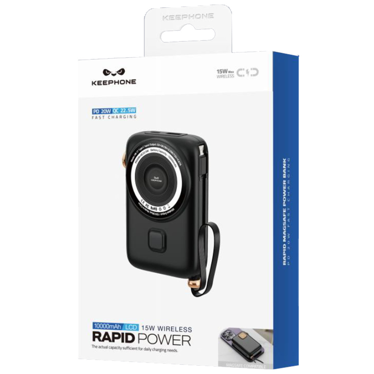 Keephone PB17 RapidPower 10.000 mAh 20W Type-C 20W Lightning 22.5W USB 15W Kablosuz Şarj PD Magsafe Powerbank – Siyah görseli 6