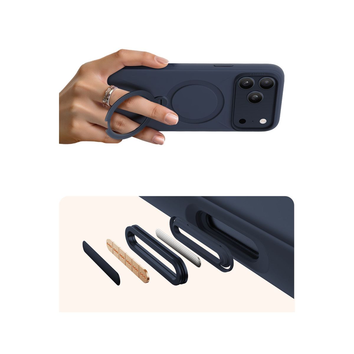 Torras Apple iPhone 17 Pro Max O Stand Spin Silicone Serisi Magsafe Kılıf – Lacivert görseli 5