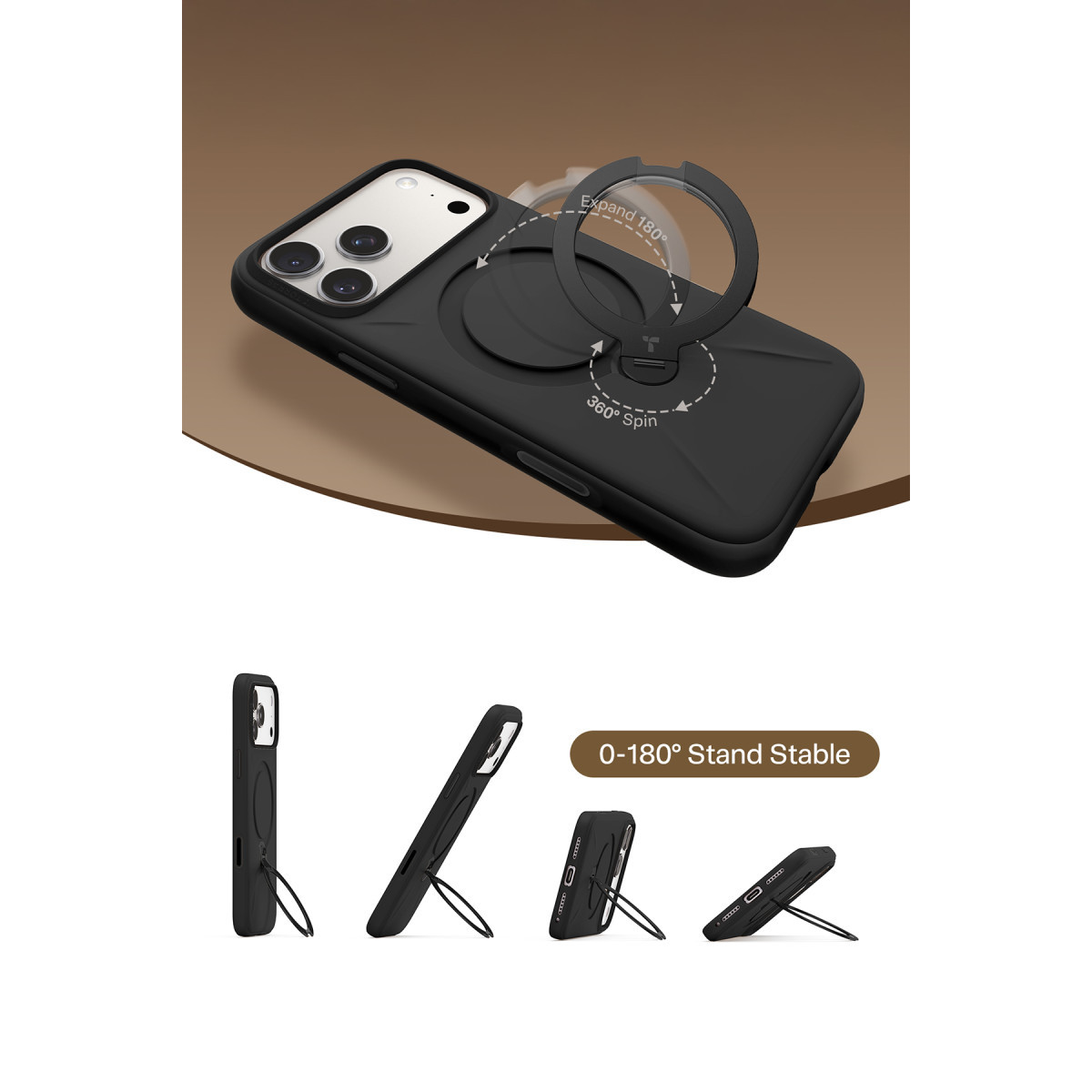 Torras Apple iPhone 17 Pro Max O Stand Spin Silicone Serisi Magsafe Kılıf – Siyah görseli 4