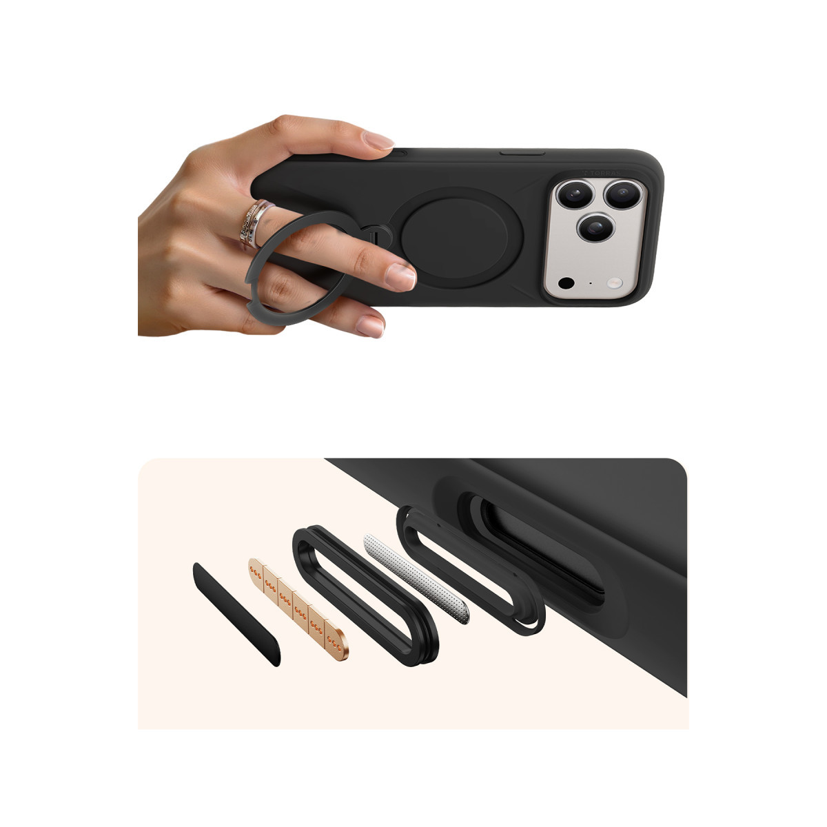 Torras Apple iPhone 17 Pro Max O Stand Spin Silicone Serisi Magsafe Kılıf – Siyah görseli 5