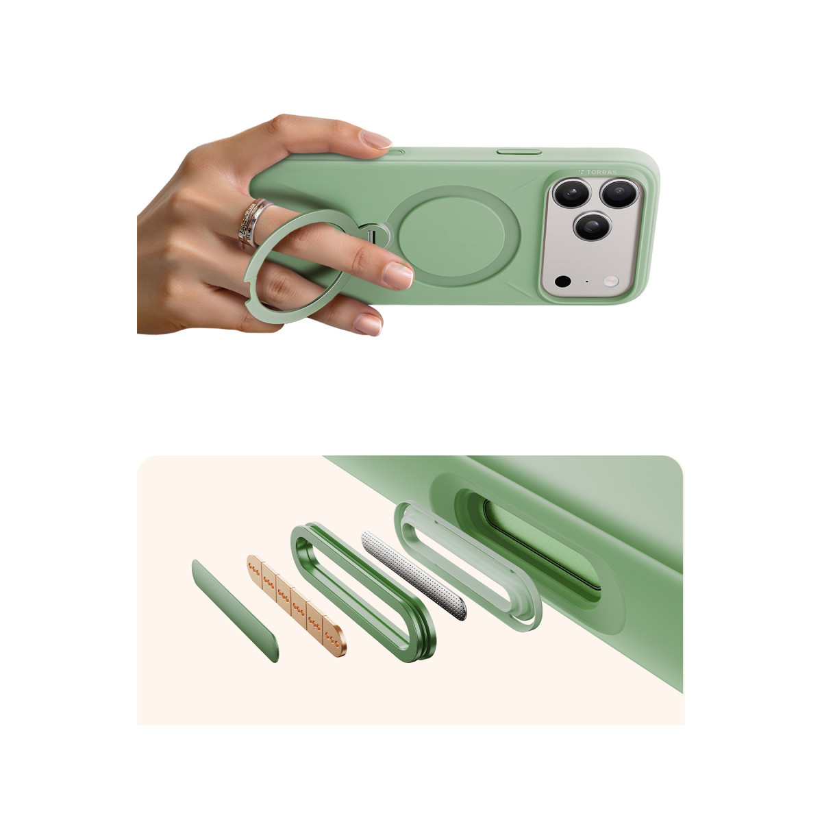 Torras Apple iPhone 17 Pro Max O Stand Spin Silicone Serisi Magsafe Kılıf – Yeşil görseli 5