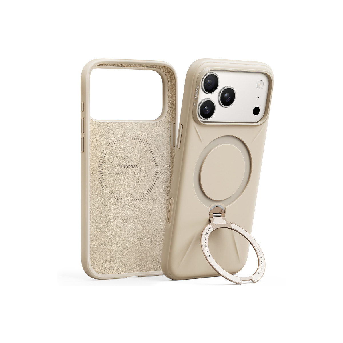 Torras Apple iPhone 17 Pro O Stand Spin Silicone Serisi Magsafe Kılıf – Krem görseli 2