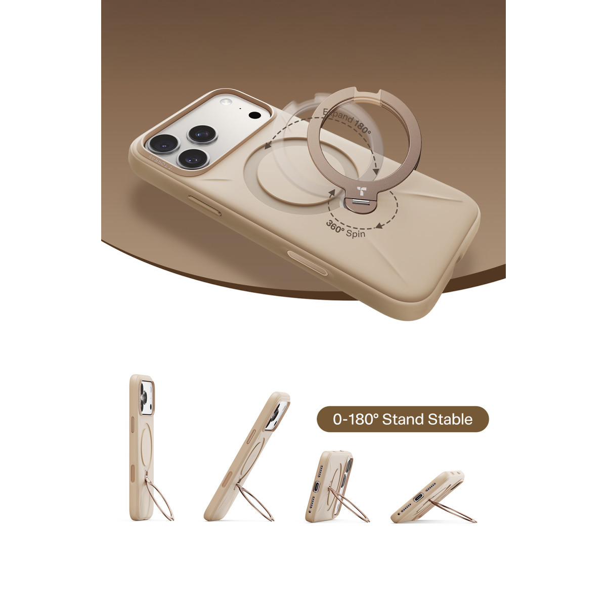 Torras Apple iPhone 17 Pro O Stand Spin Silicone Serisi Magsafe Kılıf – Krem görseli 4