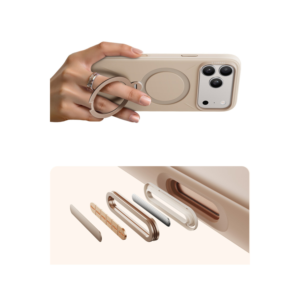 Torras Apple iPhone 17 Pro O Stand Spin Silicone Serisi Magsafe Kılıf – Krem görseli 5