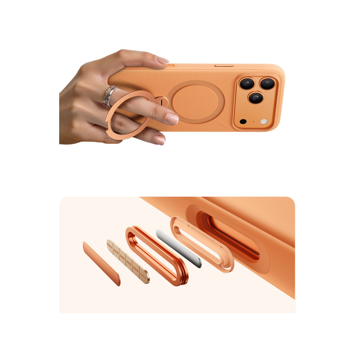 Torras Apple iPhone 17 Pro O Stand Spin Silicone Serisi Magsafe Kılıf – Turuncu görseli 5