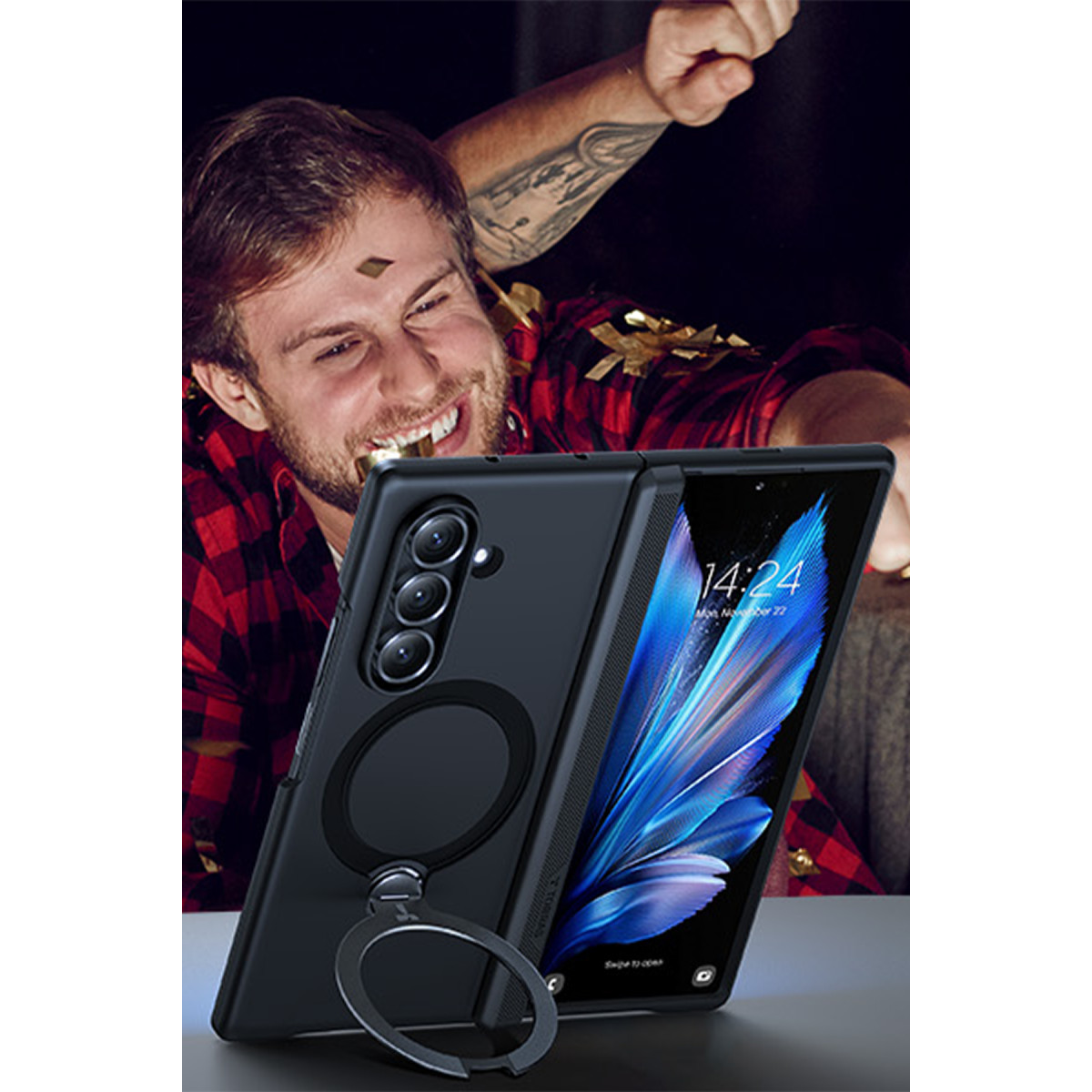 Torras Samsung Galaxy Z Fold 7 2 Adet Ekran Koruyuculu O Stand Spin Serisi Magsafe Kılıf – Siyah görseli 8