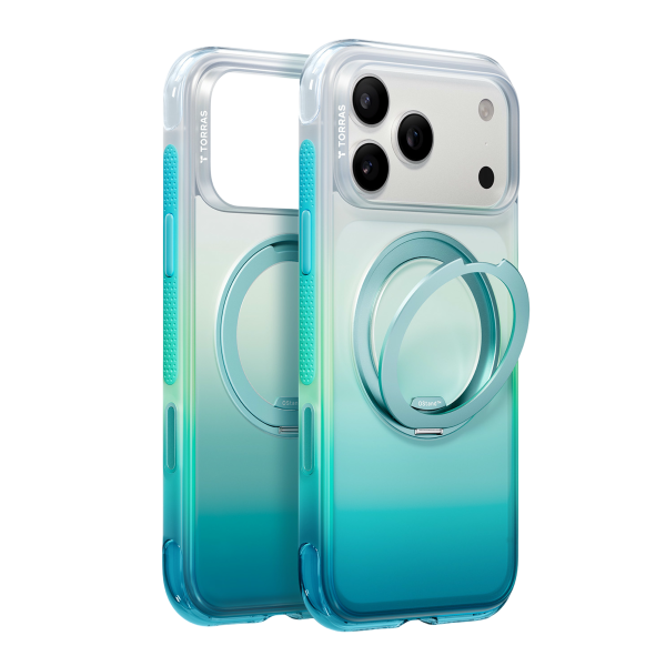 Torras Apple iPhone 18 Pro O3 Air Gradient Standlı Magsafe Kapak - Mavi-Yeşil